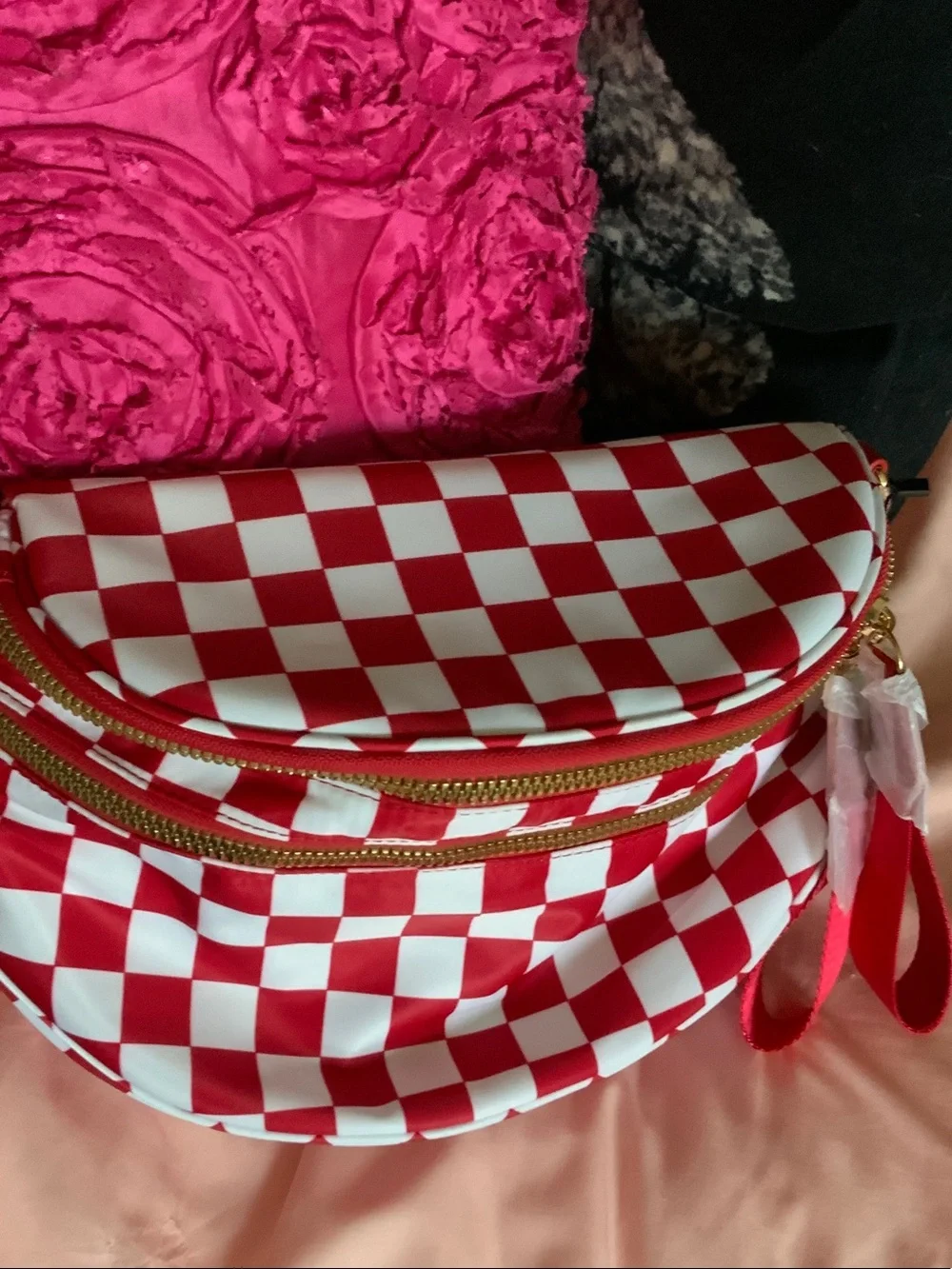 Red and White Checker Pattern Crossbody Bag with Gold Zippers